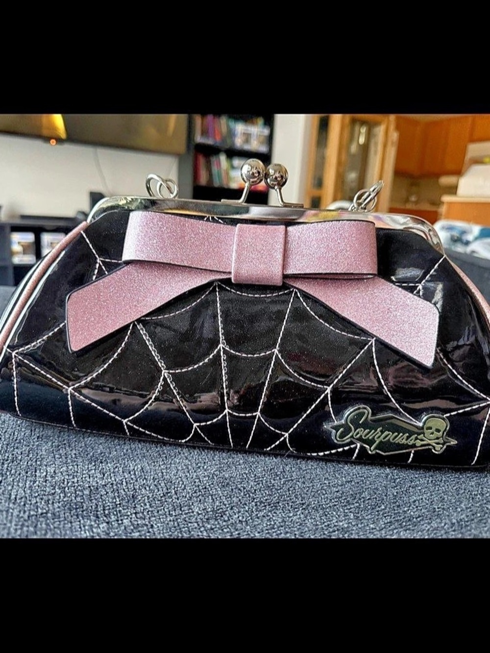 Sourpuss Backseat Baby Spiderweb Purse Black & Pink Clutch